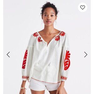MADEWELL Embroidered Blanca Boho Peasant Top G4850 White/Red M
